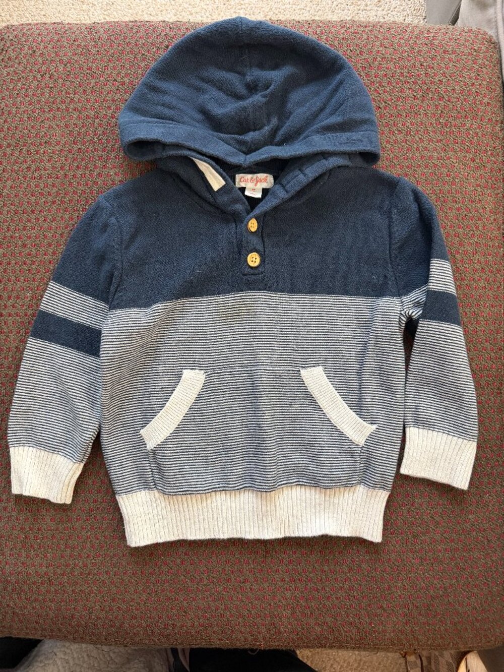 Cat & Jack 2T Navy Stripe Hooded Henley Sweater Wood Buttons Kangaroo Pocket